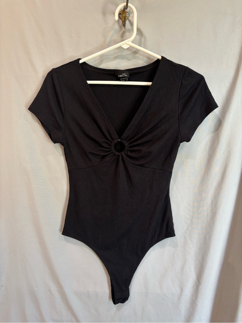 Rue21 Black Ribbed V-Neck Bodysuit with Ring Detail